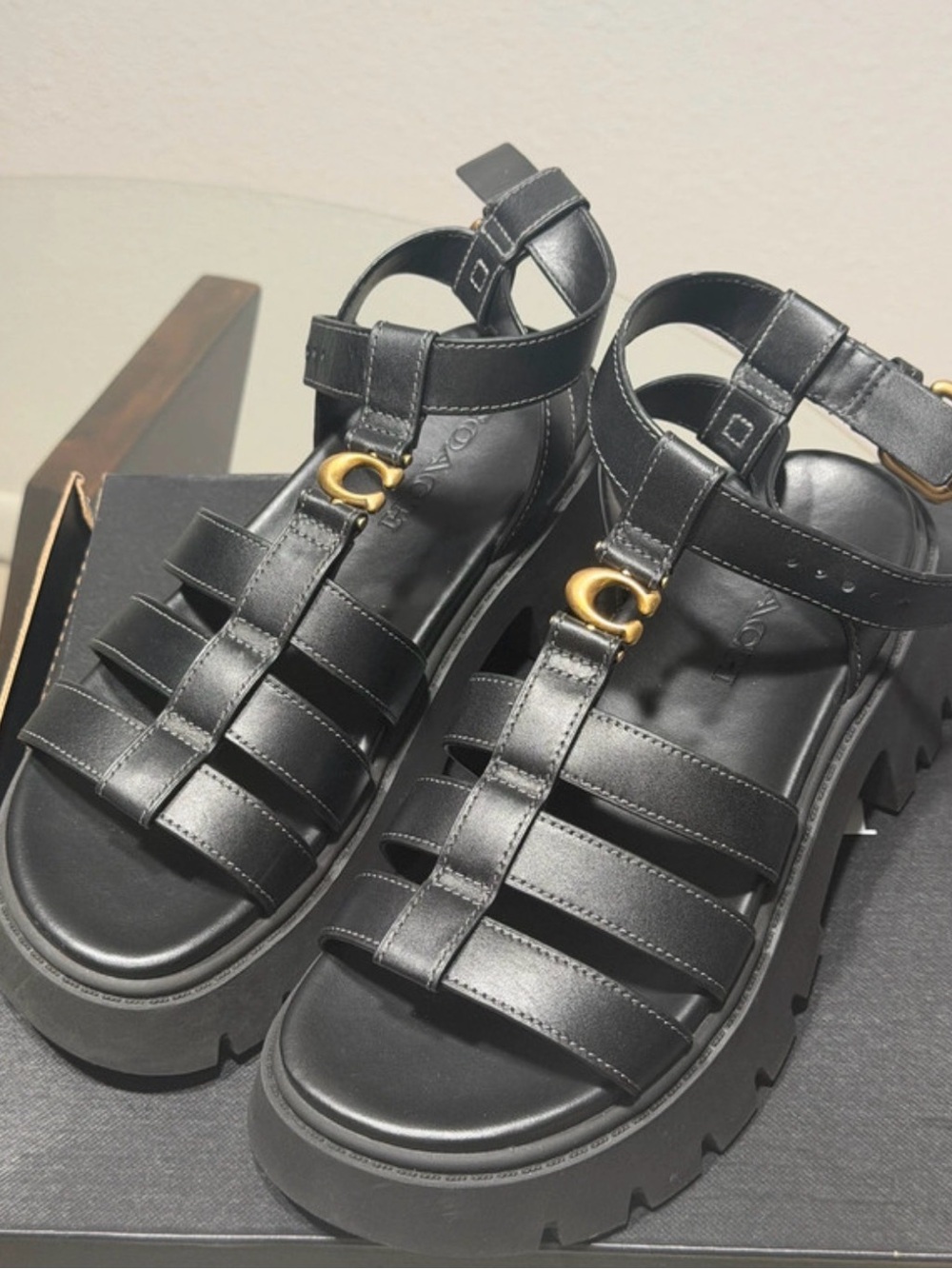 Coach Black Leather Platform Sandals with Gold Hardware